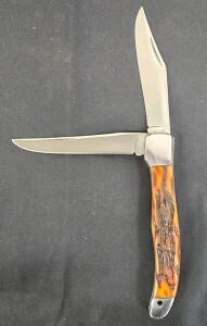 Vintage Western Boulder Colo. 2-Blade Stockman Pocket Knife, Jigged Amber Handle