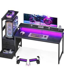 AODK 59 Inch Gaming Computer Desk, Black, 3 Drawers, Multi-Shelf, Raised Monitor Stand, Reversible