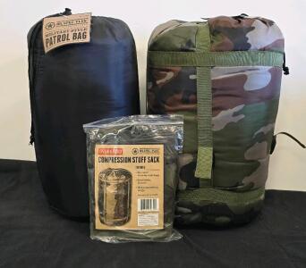 MILSPEC PLUS Patrol Bag & 3 Season Sleeping Bag Set, Camo, Compression Stuff Sack, 90"x33", 30&deg;F