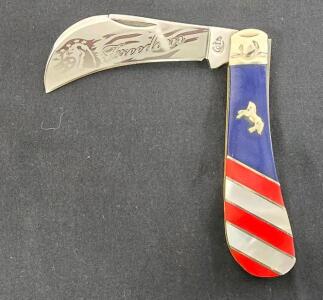 Colt Hawkbill Pruner Folding Knife, "Freedom" Patriotic Handle, Gold Horse Inlay, USA Made