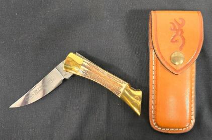 Browning Centennial 1978 Folding Knife, Stag Handle, Brass Bolster, Leather Sheath, Japan