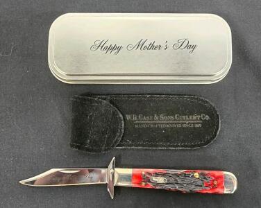 Case Mother's Day Red Jigged Handle Sodbuster Jr. Folding Knife, Gift Tin & Pouch, USA