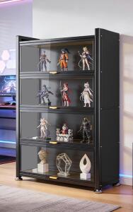 PLMOKN Black Display Cabinet, 4-Tier, Tempered Glass Doors, Steel Frame, 58.66" x 31.49"