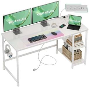 Youthclub Wooden Multi-Funtional Desk W/ Built In Power Strip, 55&rdquo;, White