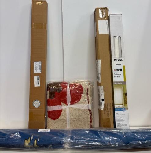 Home Goods Lot: Bali 29x64 Cellular Shade, Floral Throw Blanket, Lilo & Stitch Rug, Baby Gate