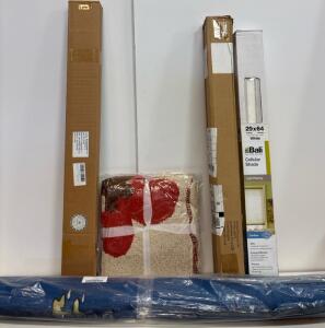Home Goods Lot: Bali 29x64 Cellular Shade, Floral Throw Blanket, Lilo & Stitch Rug, Baby Gate
