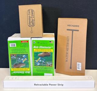 Wire-Tek Mole Eliminator, GUAWIN Cord Covers, Water Meter Key, Retractable Power Strip Combo