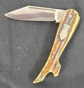 Kinfolks Fish-Tail Folding Pocket Knife, Jigged Bone Handle, 3.25" Blade, USA Made