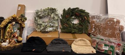 Set Of 4 Artificial Christmas Wreaths 20" &ndash; Flocked & Pine Cone Holiday Decorations, Winter Hats, Various Christmas Decor, Throw Pillows