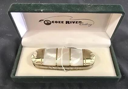 Ocoee River Canoe Pocket Knife Mother Of Pearl Handle, 2 Blades, Fish Etching, Display Box