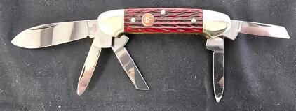 J.A. Henckels Germany Stockman Pocket Knife, 5 Blades, Red Jigged Handle, Slipjoint