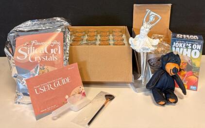 Mixed Craft & Gift Lot: Silica Gel Kit, Mini Glass Jars, Decor Figure, Joke's On Who Game, Plush Bear