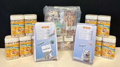 Pet Lot: (10) 5 oz Jars Of Freeze Dried Chicken Cubes, (2) WQW Pet Hair Removers And (1) 36x41&rdquo; Tie Dye Red Reusable Pee Pad