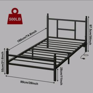 Fixwal Twin Bed Frame With Charging Station, Metal Bed Frame With Port And Outlet, Black