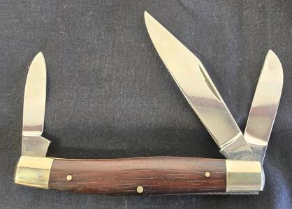 Browning 3-Blade Stockman Pocket Knife, Hardwood Handle, Brass Bolsters, Vintage Traditional