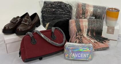 Women's Loafers (Size 6), Vegan Leather Purse, Beanies & Scarves, Makeup Set & Ceramic Coffee Cup