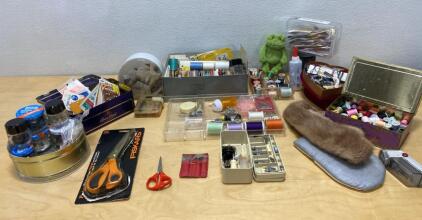 Large Sewing Notions Lot: Fiskars Scissors, 60+ Spools Thread, Tools & Tins, Mixed Accessories