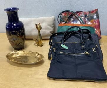 Mixed Lot: 4 Handbags, Blue Peacock Vase 14&rdquo; , Brass Cat, Gold Bowl, Decorative Pillow
