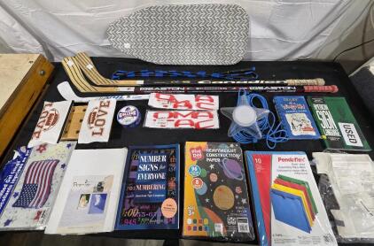 MISCELLANEOUS ITEM'S (See Photos)<br/>Mini grey iron board <br/>Love game <br/>(2)Hockey sticks<br/>Tacoma red badges<br/>Star light<br/>Color paper <br/>Printer photo paper<br/>Boise state duct tape<br/>Books<br/>Walker grey(elderly) fold up<br/>Micro 