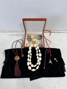 Assorted Costume Jewelry Lot: Earrings, Necklaces, Charms & Wood Jewelry Box, 13 Pieces