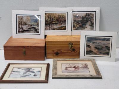 (1) Light Wood Chest 20"x9.5"x8", (1) Dark Wood Chest 16"x11.5"x6.5", (4) Sherry Masters Landscape Paintings, & More!