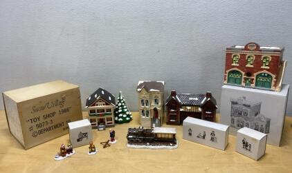Department 56 Snow Village Lot: Toy Shop 1986 #5073-3, 4 Buildings, Train, Figurines, Boxes