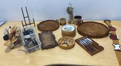 Vintage Kitchenware Lot &ndash; Wicker Trays, Leaf Wood Tray, Steak Knives, Baskets, Utensils, Decor