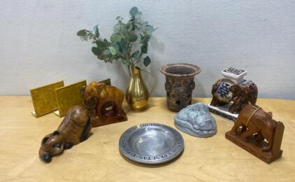Decorative Elephant Figurines, Cat Sculptures, Pewter Bowl, Ceramic Pot & Vase &ndash; Mixed Lot Decor