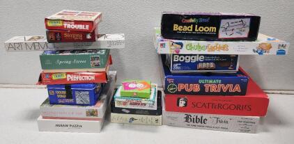 (19) Assorted Jigsaw Puzzles And Table Top Board Games Includes Dominoes, Boggle, And More