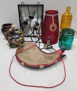 (1) Classic Treasures Brown Bear Family Fountain (1) Black Wrought Iron Wall Sconce Mirrored Candle Holder (1) Vintage Brown Glazed Ceramic Pot And More