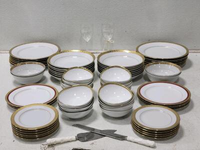 Large Fine China Dinnerware Set, Gold Trim, Red Accent, 48 pcs, Serving Utensils, Wedding Style