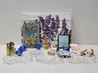 (4) Blue Glass Candle Holders, (1) Japanese Koi Plate, (1) Cherub Baby, & More!