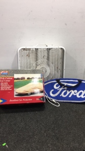 (1) On The Road Car Cover (1) Ford Bag (1) Aerospeed Box Fan