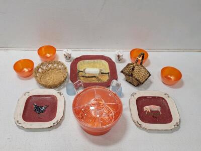(4pc) Salad Bowl & (1pc) Mixer Set, (3) Barnyard Plates, (2) Baskets, (2) Teacups, & More!