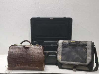 (1) Big Plastic Carry Case, (1) Laptop Bag, & (1) Vintage Briefcase