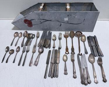 Oneida Community Vintage Silverplate Flatware Lot & More, ~37 Pc, Tudor & Par Plate, Metal Box