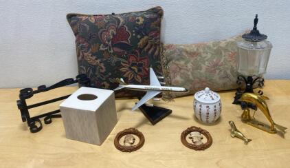 Vintage Decor Lot with Seaboard World Model Plane, Tapestry Pillows, Porcelain Jar, Brass Dolphin