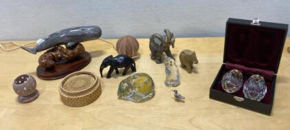 Eclectic Animal Figurine Collection with, Carvings, Candle Holder, Wicker, and More