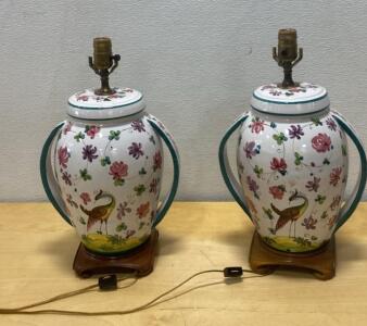 Pair Hand-Painted Porcelain Ginger Jar Table Lamps Floral Bird Motif on Wood Bases, 18" Tall- Both Work