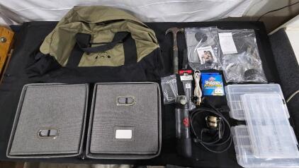 (1)Cabalas Duffle Bag(Large)<br/>(2) Grey foldable Draws<br/>(3) plastic fishing lure cases<br/>(1)Shock 2000b fishing reel<br/>(1) Berkley XT extra Tough (20Lb) line(270 yds)<br/>Hammer <br/>Flash light<br/>(2) Fat burner heated pads with remotes in bags