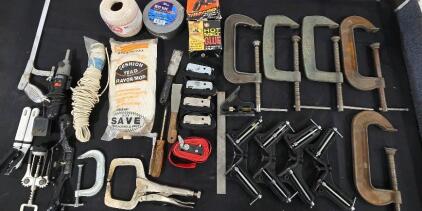 (6) C CLAMPS (1) VICE GRIP CLAMP (5) RACHET STRAPS MOP HEAD HAND PLAINER PLASTIC COATED THREAD CROCHET THREAD HACK SAW HANDLE BLACK AND DECKER CORDLESS BIT DRIVER WITH CHARGE BASE DUCT TAPE ROLL HOT GLUE GUN WITH GLUE STICKS (2) SCRAPERS