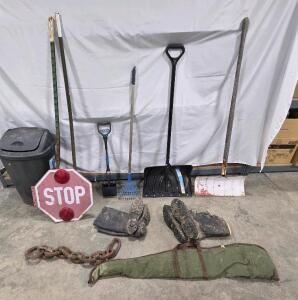 (2) Snow Shovels (1 NEW) (1 Old Wooden Handle) (2) T post (1) ( bent ) (1) Pooh Rake (1) Pooh Claw (1) STOP SIGN 12v With Light (Not Tested) (1) Black Trash Can (2) Muck Boots (Lacrosse Size 8) (Lacrosse Side 9) Heavy Chain linksRifle Case (Soft)