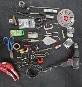 3/8 Craftsman Cord 110v Drill Hillman Shelf Holders, Slime Tire Repair Kit, Battery Cleaner, Casters, Irwin Plumb Bobs, Irwin Chaulk Line
