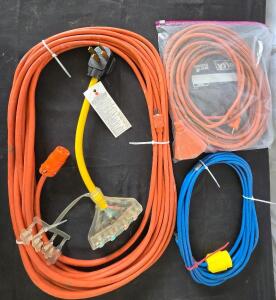 (1) 110v Medium 25ft Blue Power Extension Cord, (1) 110v 50ft 3 Plug Orange Extension Cord, (1) 110v 25ft Heavy Duty Orange Extension Cord And Heavy Duty Yellow 220v To 110v 4 Plug Extension Cord Plug