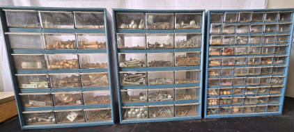 BLUE CABNETS Full Of Screws, Hinges, Dowes, Brackets, Hinges, Wall Holders, Fittings, And More