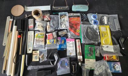 MISCELLANEOUS HOUSE HOLD HARDWARE, CHARGE CORDS, SCREWS, DOWLS ODDS AND ENDS