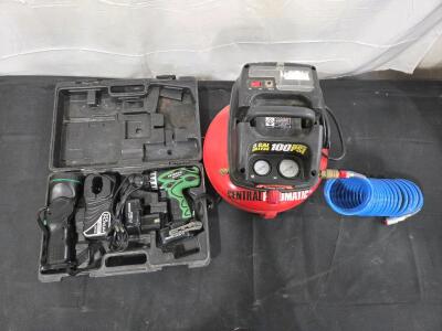 (1)Central Pneumatic 3 Gallon Compressor- 100PSI With Coil Air Hose (TESTED) (1) Hitachi 7.2 Volt Cordless Drill In Case With 2 Batteries And Charger, Flashlight
