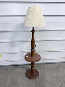 Vintage Wood Floor Lamp With Built-In Table Shelf And Pleated Off-White Shade, 58&rdquo; Tall