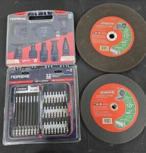 (3) DIABLO MASONARY CUTTING BLADE10" 3/32-2MM (NEW) (4) DIABLO MASONARY CUTTING BLADE12" 1/8-3MM (NEW) (1) NORKE 10 PEICE UNI-FIT ESSNENTAL OSCILLATOR TOOLS KITS NORKE 32 IMPACT TORSION BIT SET