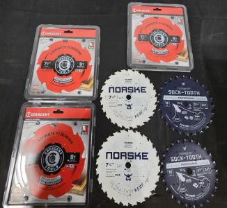 (3) CRESENT LAMINATE FLOOR BLADES 7-1/4 -184MM 8T (NEW) (2) NORSKE FRAMING 7-1/4 24T(5/8 Arbor) (NEW) (2) NORSKE SOCK-TOOTH FRAMING 6-1/2 24 TOOTH BLADE